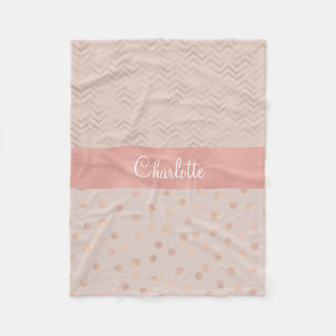 Rose Gold Polka Dot Pattern   Chevron Monogram Fleece Blanket
