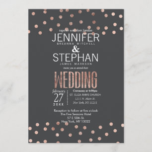 Rose Gold Polka Dots and Charcoal Black Wedding Invitation