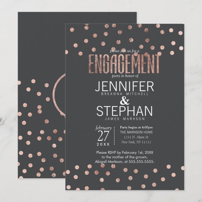Rose Gold Polka Dots and Charcoal Grey Engagement Invitation (Front/Back)