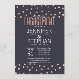 Rose Gold Polka Dots and Navy Blue Engagement Invitation
