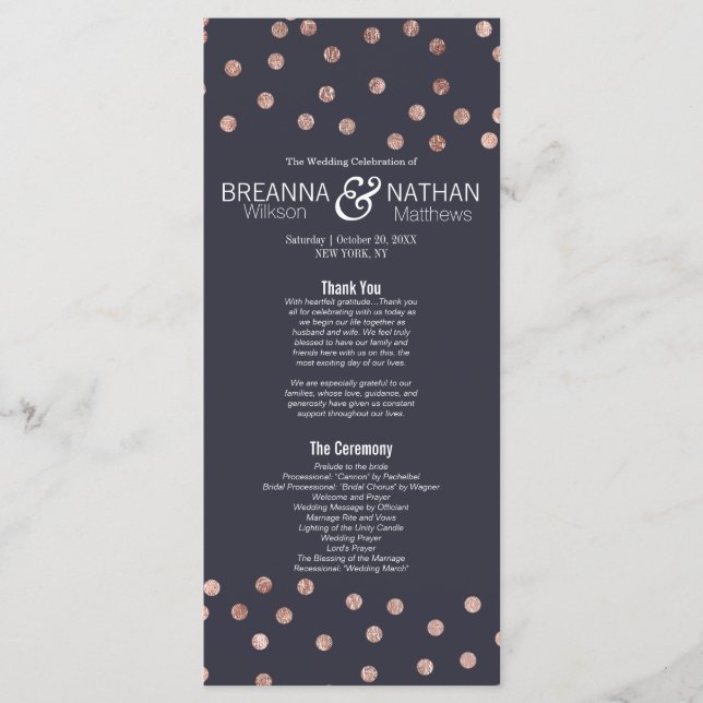 Rose Gold Polka Dots and Navy Blue Wedding Program (Front)