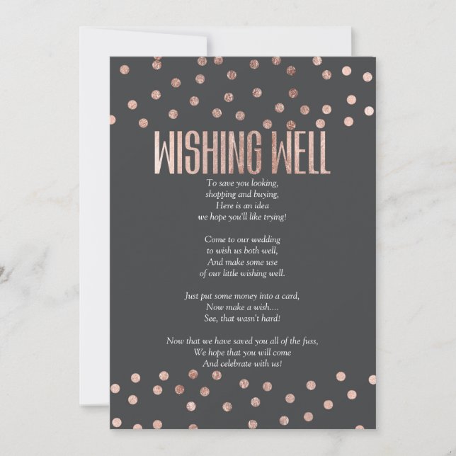 Rose Gold Polka Dots Charcoal Black Wishing Well Invitation (Front)