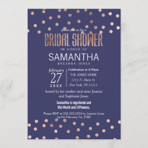 Rose Gold Polka Dots Light Navy Blue Bridal Shower Invitation