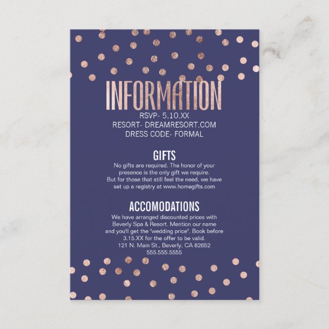 Rose Gold Polka Dots Light Navy Blue Wedding Enclosure Card (Front)