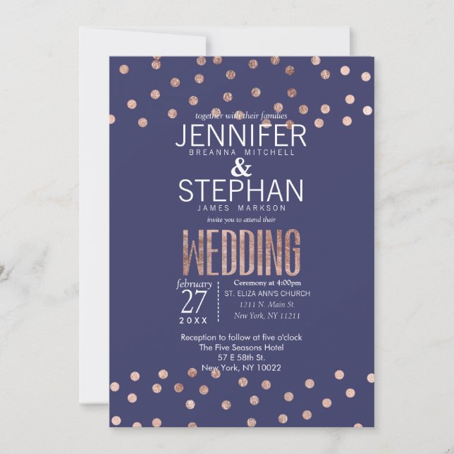 Rose Gold Polka Dots Light Navy Blue Wedding Invitation (Front)