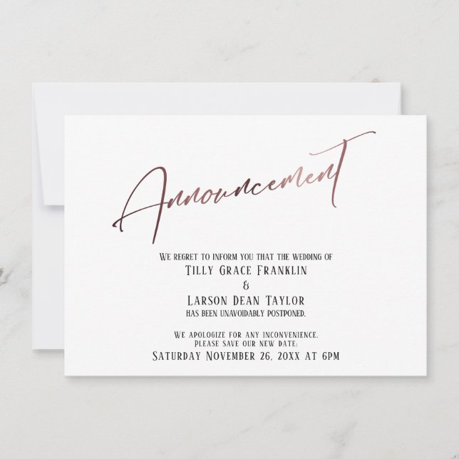 Rose Gold Postponed Wedding Announcement (Front)