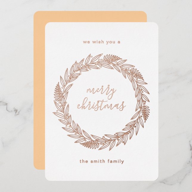 Rose Gold Pressed Wreath Merry Christmas Foil Holi Foil Holiday Card (Front/Back)