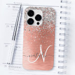 Rose Gold Pretty Girly Silver Glitter Sparkly Case-Mate iPhone 14 Pro Case<br><div class="desc">Easily personalize this trendy chic phone case design featuring pretty silver sparkling glitter on a rose gold brushed metallic background.</div>
