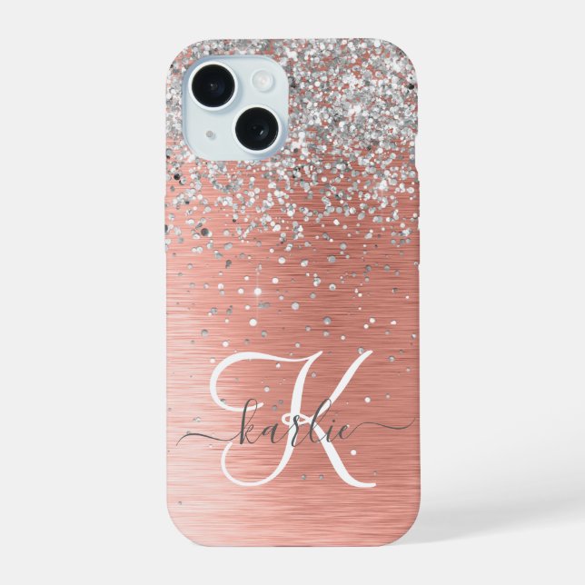 Rose Gold Pretty Girly Silver Glitter Sparkly iPhone 15 Case (Back)