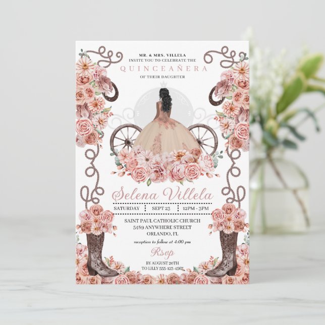 Rose Gold Princess Dress & Boots Quinceañera Invitation (Standing Front)