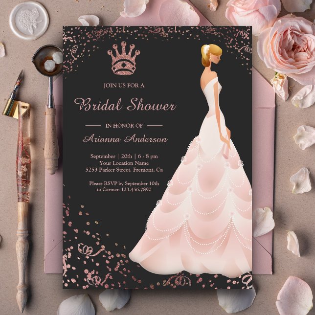 Rose Gold Princess Dress Grey Bridal Shower Invitation (Creator Uploaded)