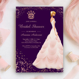 Rose Gold Princess Dress Purple Bridal Shower Invitation