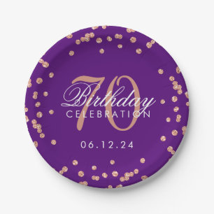 Rose Gold Purple 70th Birthday Glitter Confetti Paper Plate