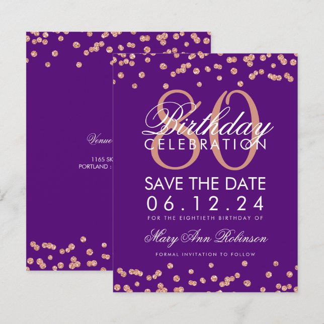 Rose Gold Purple 80th Birthday Save Date Confetti Invitation (Front/Back)