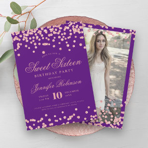 Rose Gold Purple Confetti Photo Sweet 16 Invitation