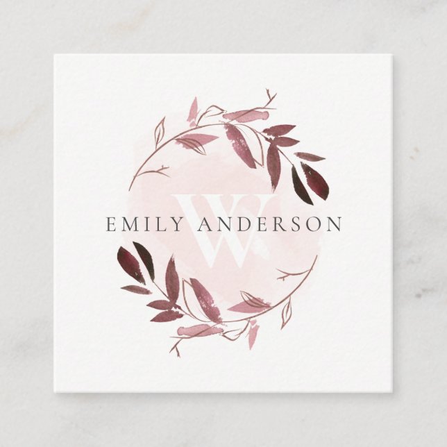 ROSE GOLD PURPLE FLORA INITIAL WREATH PROFESSIONAL SQUARE BUSINESS CARD (Front)