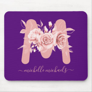 Rose Gold Purple Floral Watercolor Monogram Mouse Pad
