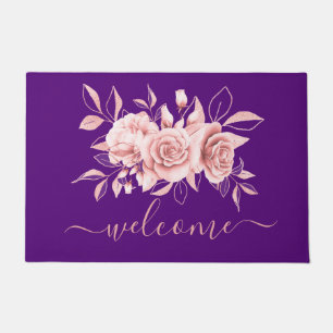 Rose Gold Purple Floral Watercolor "Welcome" Doormat