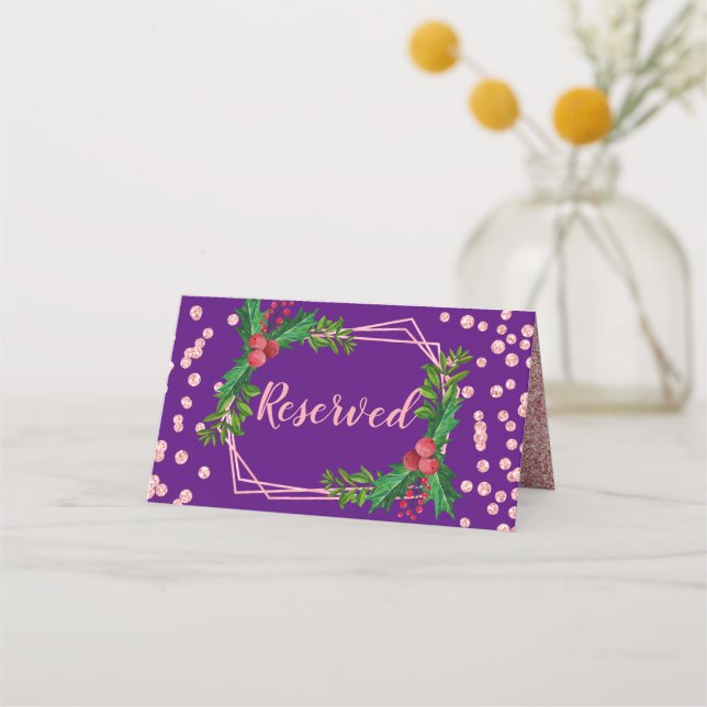Rose Gold Purple Holly Glitter Reserved Christmas Place Card (Front)