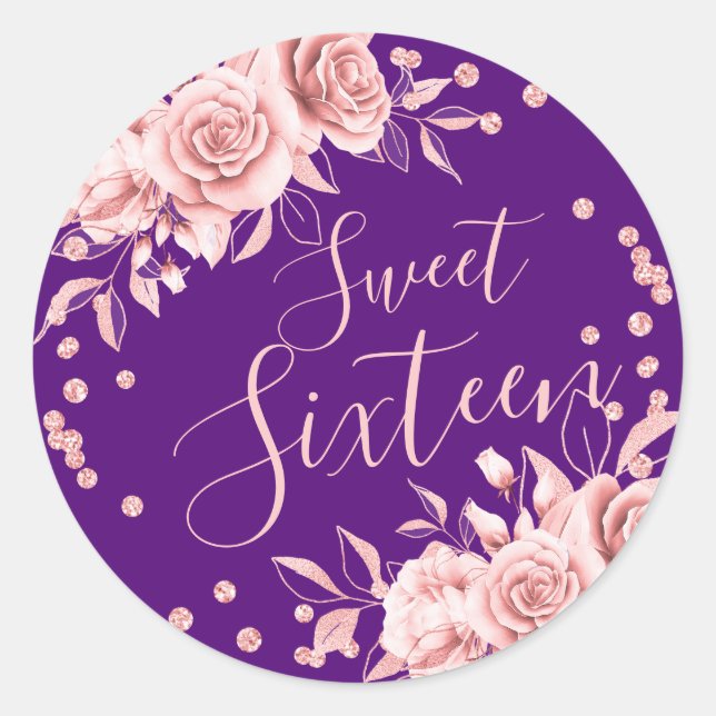 Rose Gold Purple Sweet 16 Birthday Floral Glitter Classic Round Sticker (Front)