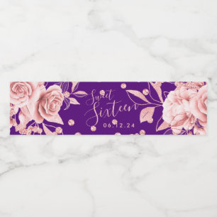 Rose Gold Purple Sweet 16 Glitter Confetti Floral Water Bottle Label