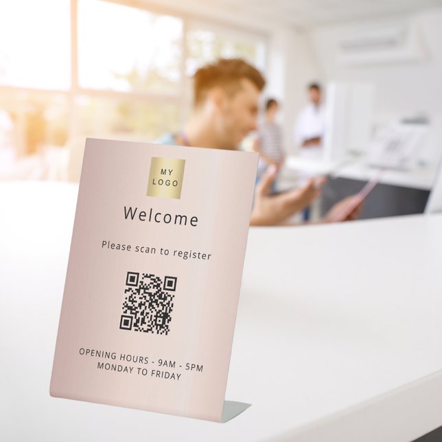 Rose gold QR code customer registration welcome Pedestal Sign (Creator Uploaded)