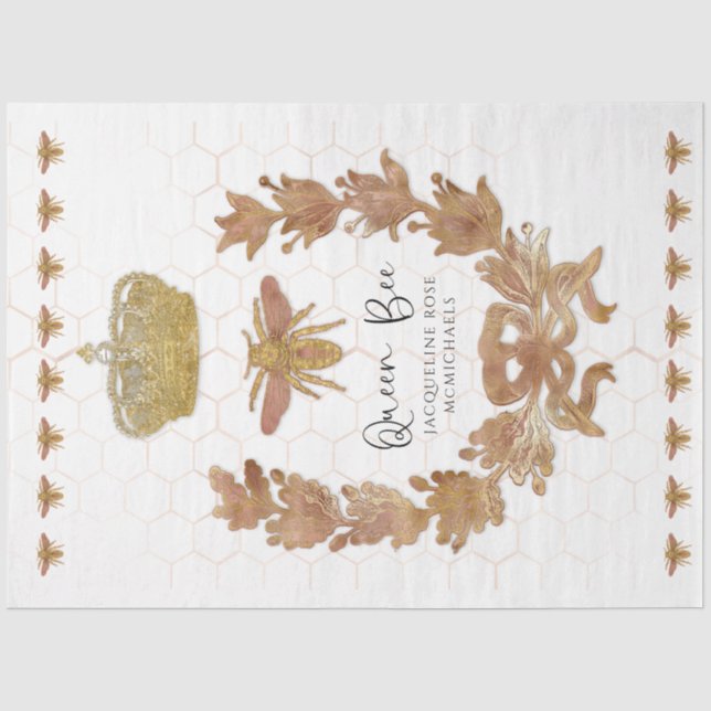 Rose Gold Queen Bee Crown Baby Name Decoupage Art Tissue Paper (Front)