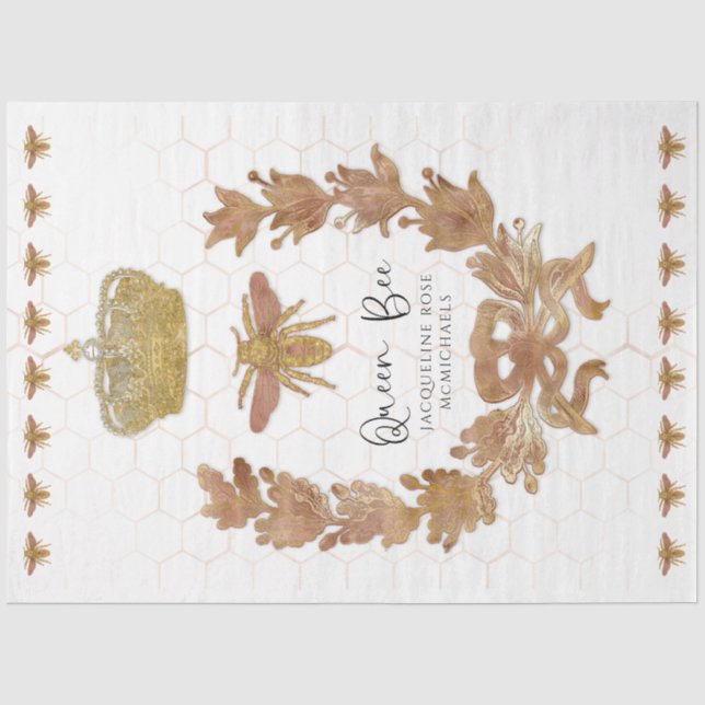 Rose Gold Queen Bee Crown Baby Name Decoupage Tissue Paper (Front)