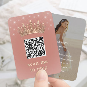 Rose Gold Quinceañera Crown Scan Me QR RSVP Enclosure Card