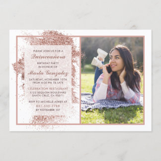 Rose Gold Quinceañera Custom Photo Birthday Party Invitation