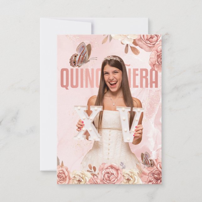 Rose Gold Quinceanera﻿ Floral Princess Butterfly Invitation (Front)