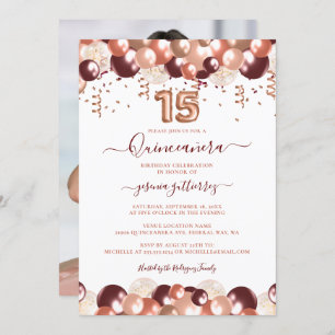 Rose Gold Quinceañera Glitter Balloon Photo Invitation
