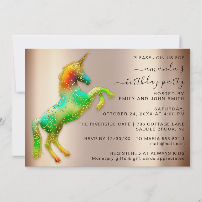 Rose Gold Rainbow Unicorn Horse Birthday Party  Invitation (Front)