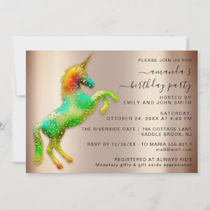 Rose Gold Rainbow Unicorn Horse Birthday Party Invitation