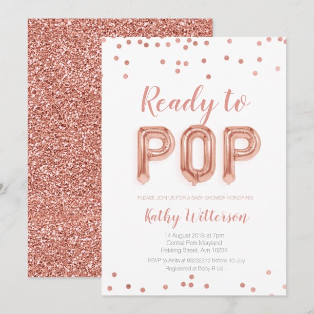 Rose Gold Ready to Pop baby shower invitation (Devant / Derrière)