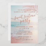Rose Gold Real Foil Beach Sweet 16th Birthday  Foi<br><div class="desc">A stunning chic pink and turquoise aqua blue ocean side beach sunset with REAL ROSE GOLD FOIL TEXT OVERLAY and blush pink palm tree leaf over a light and hazy background summer theme sweet 16 birthday invitation. All wording can be changed to work for any age birthday or celebration, and...</div>
