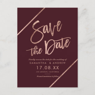 Rose gold red burgundy  script  save the date announcement postcard