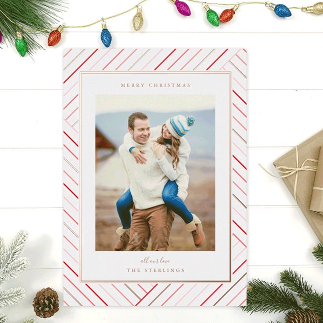 Rose Gold & Red Candy Cane Stripes Holiday Photo (Creator Uploaded)