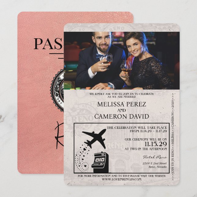 Rose Gold Reno Passport Wedding Invitation (Front/Back)