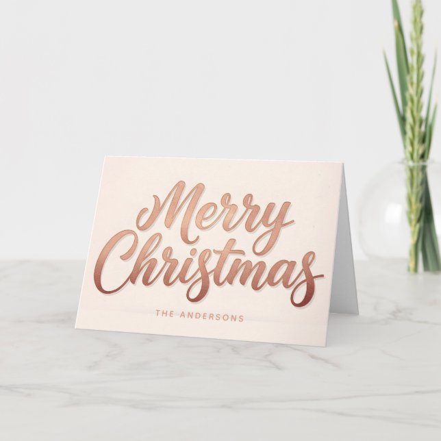 Rose Gold Retro Script Merry Christmas Holiday Card (Front)