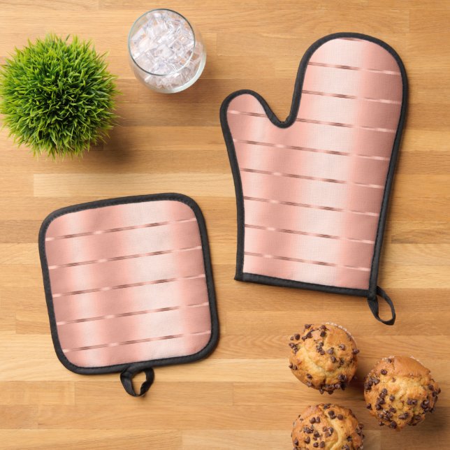 Rose Gold Ribbon Bow Bridal Shower Oven Mitt & Pot Holder Set (Top Down)