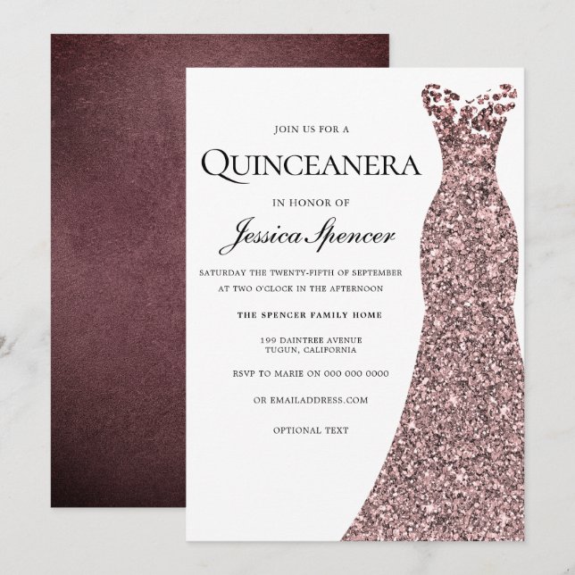 Rose Gold Robe Bourgogne Quinceanera Invitation (Devant / Derrière)