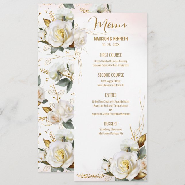Rose Gold Romantic Floral Mariage Menu (Devant / Derrière)