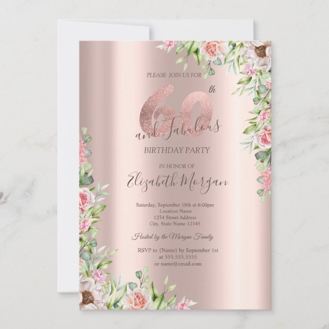  Rose Gold,Roses 60th Birthday  Invitation (Front)