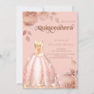 Rose Gold roses trendy sequins dress Quinceañera Invitation