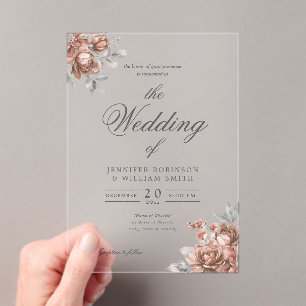 Rose Gold Rustic Floral Elegant Script Wedding Acrylic Invitations