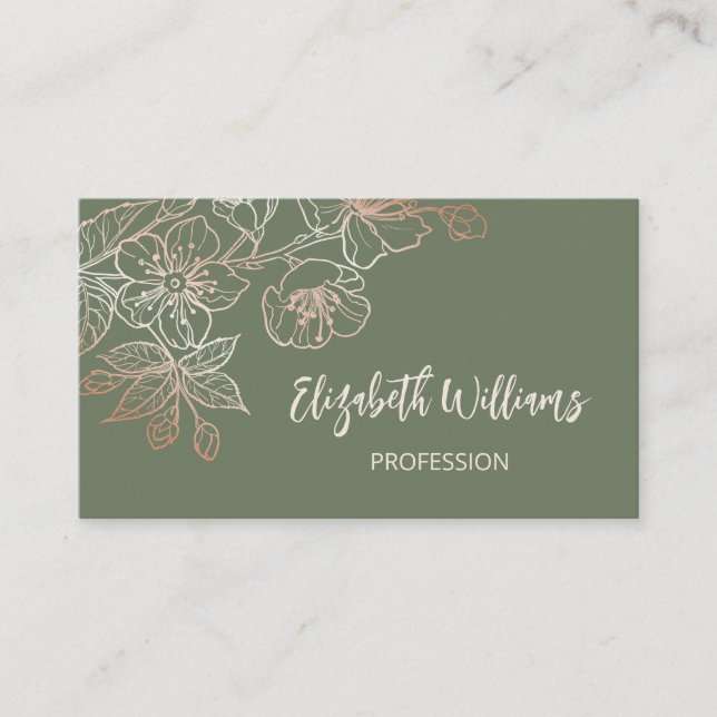 Rose Gold Sage Green Line Art Floral  Business Card (Front)