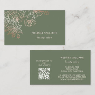 Rose Gold Sage Green Line Art Floral    QR Code Business Card