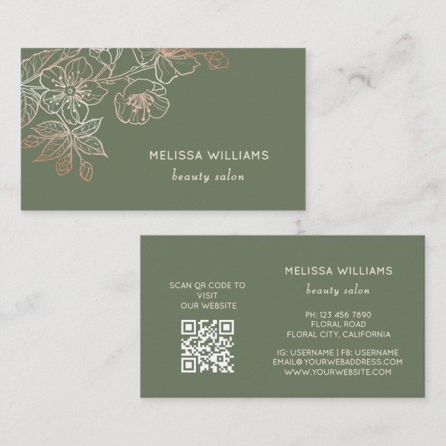 Rose Gold Sage Green Line Art Floral  | QR Code Business Card (Front/Back)