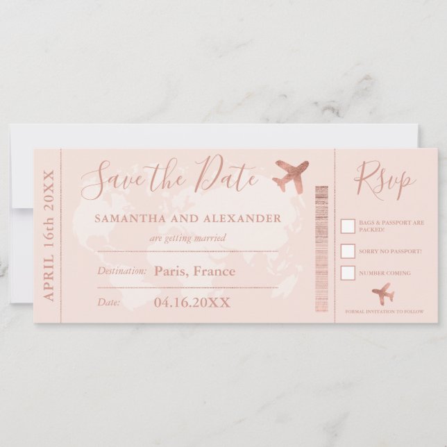 Rose gold Save the date world map boarding pass (Front)